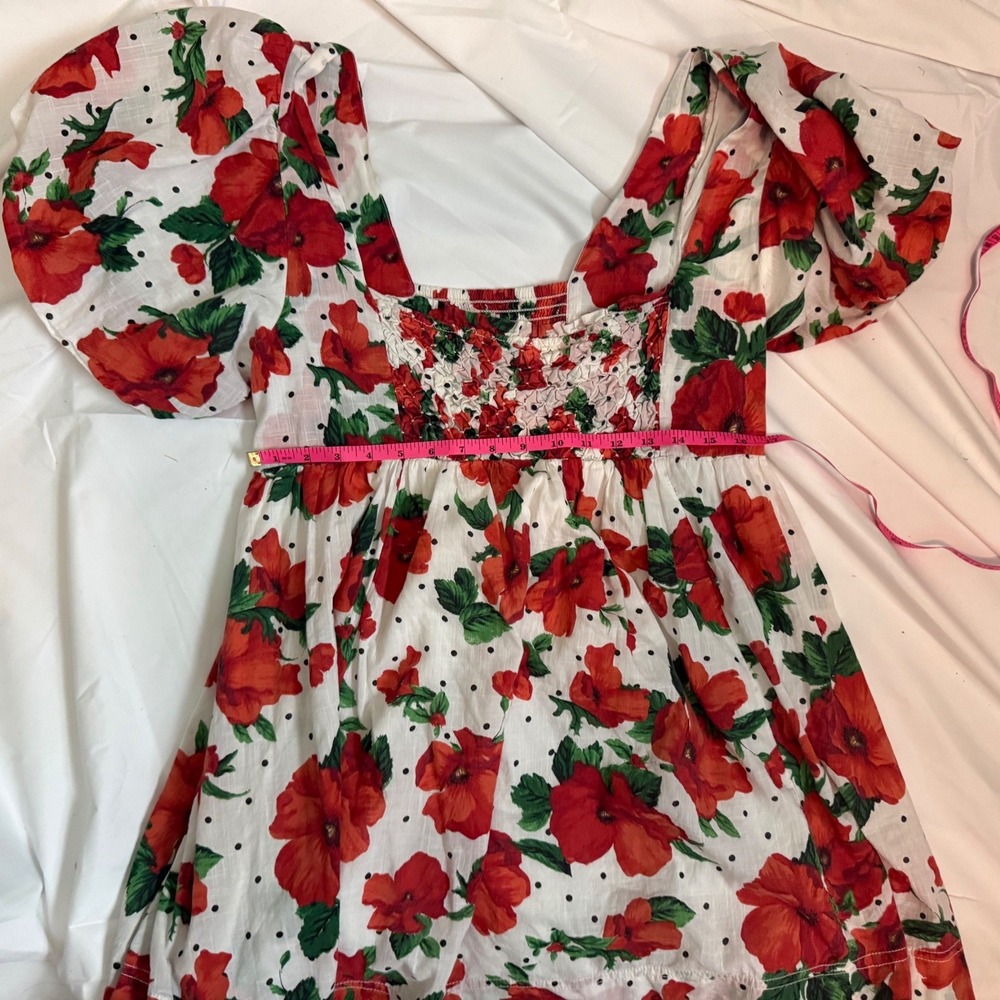 Maeve Anthropologie Red Poppy Floral Polka Dot Smocked Puff Sleeve Mini Dress L - Picture 6 of 7
